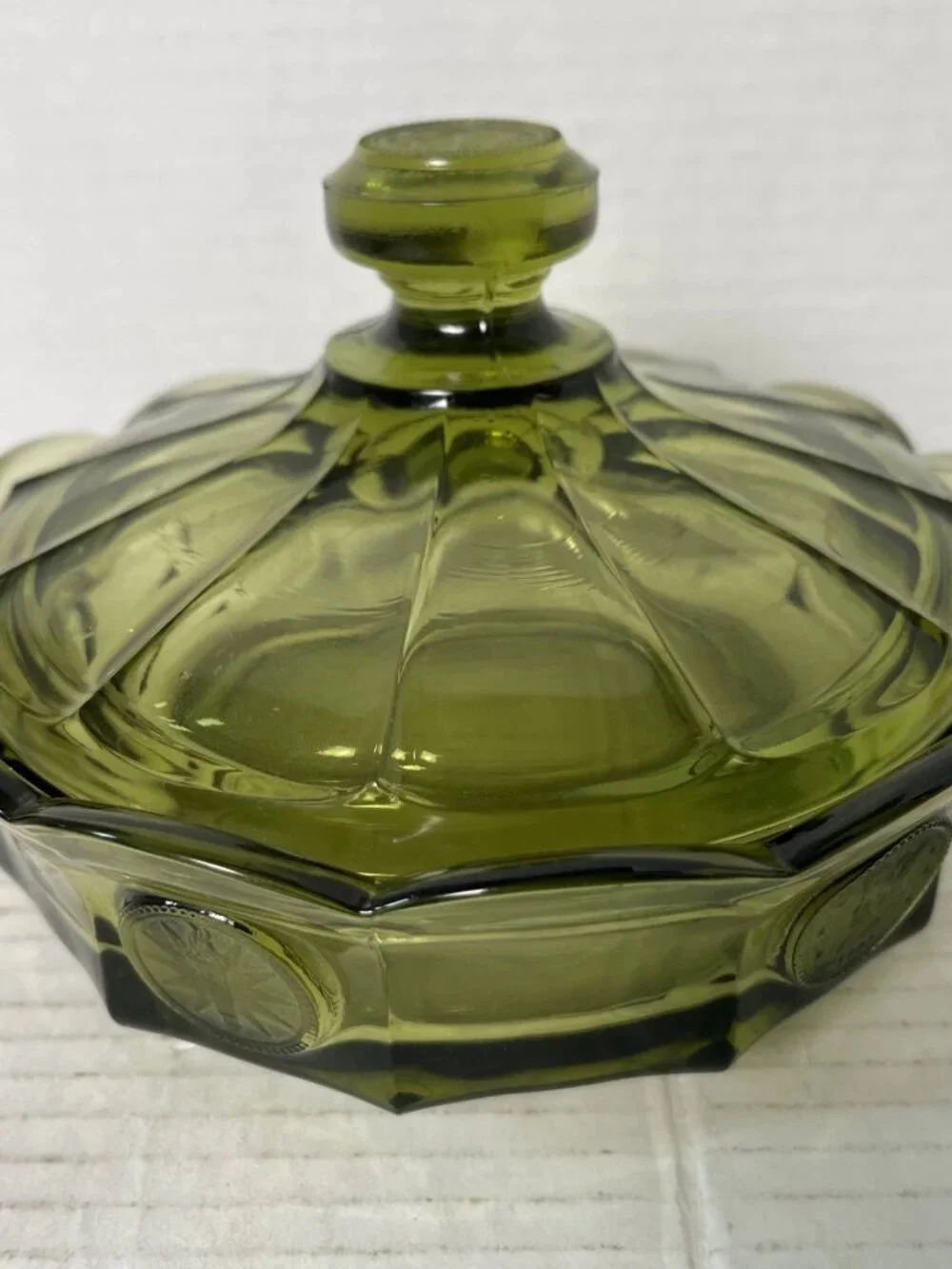 Vintage Fostoria Coin Glass Olive Green Covered Candy Dish